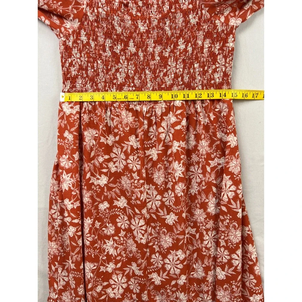 Melrose and Market Floral Smocked Midi Dress Women Large Orange Puff Sleeve Boho - Picture 7 of 10
